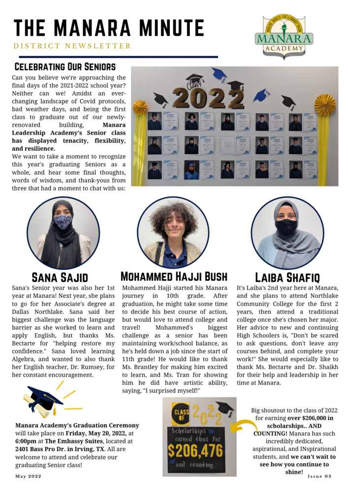 The Manara Minute District Newsletter Issue 3, Photo of all graduating seniors on a white wall under the numbers "2022", three senior photos along with brief interviews, graduation time and place announcement, congratulations photo detailing sum of scholarships awarded to seniors