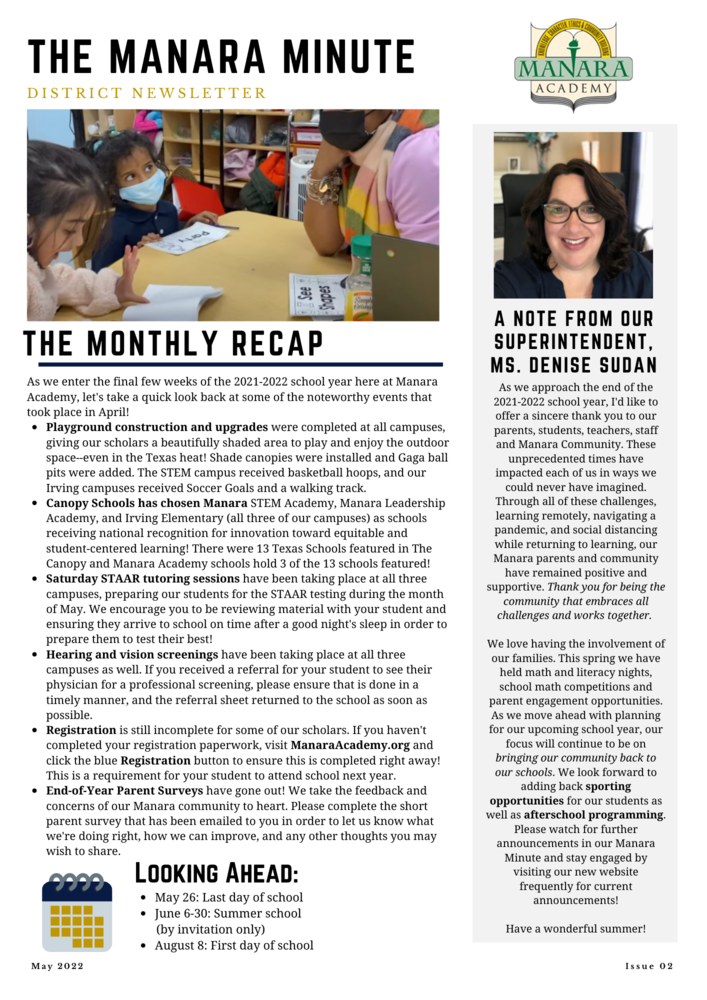 The Manara Minute District Newsletter Issue 2, Monthly recap of accomplishments, upcoming important dates, note from superintendent, photo of students reading with teacher