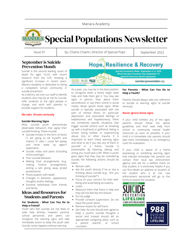 Manara Academy Special Populations Newsletter