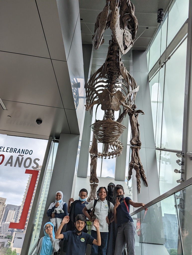 Group of students beneath a large dinosaur skeleton